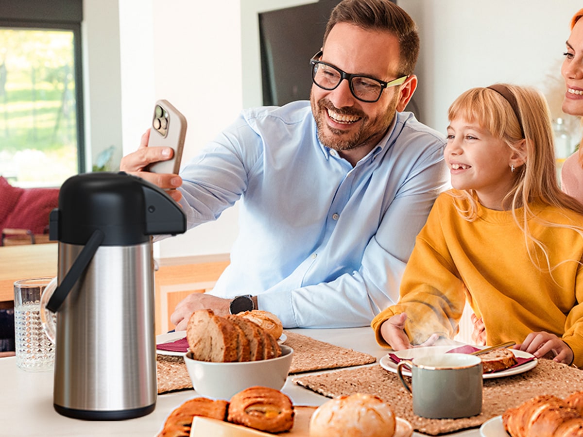 Gezoss 64 oz Stainless Airpot in a smaller household breakfast scene