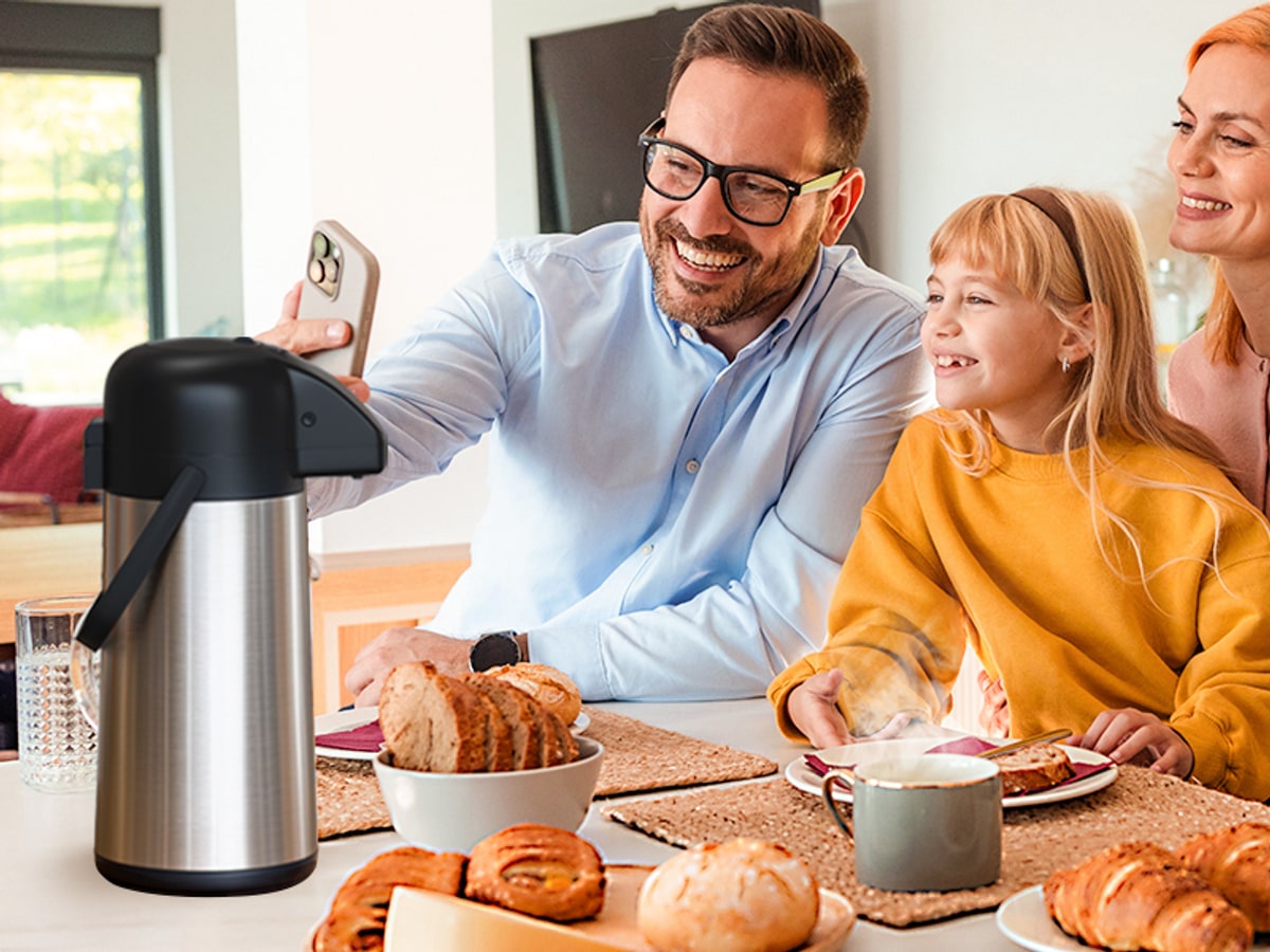 Gezoss 85 oz Stainless Airpot in a morning breakfast scene