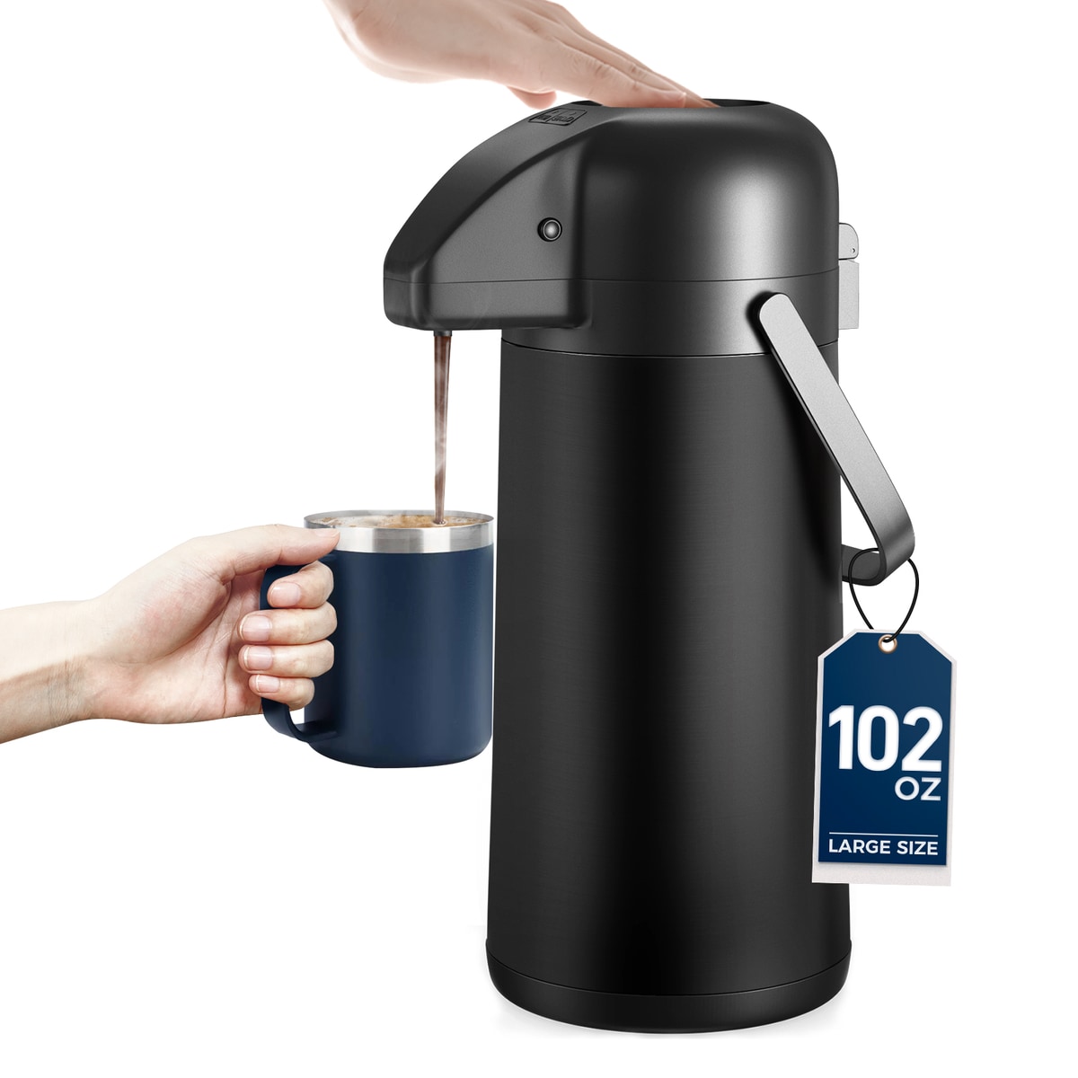 Gezoss 102 oz Matte Black Airpot pouring coffee into a mug on a white background