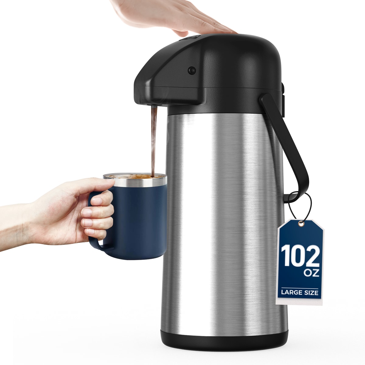 Gezoss 102 oz Stainless Steel Airpot Coffee Carafe pouring coffee into a mug on a white background