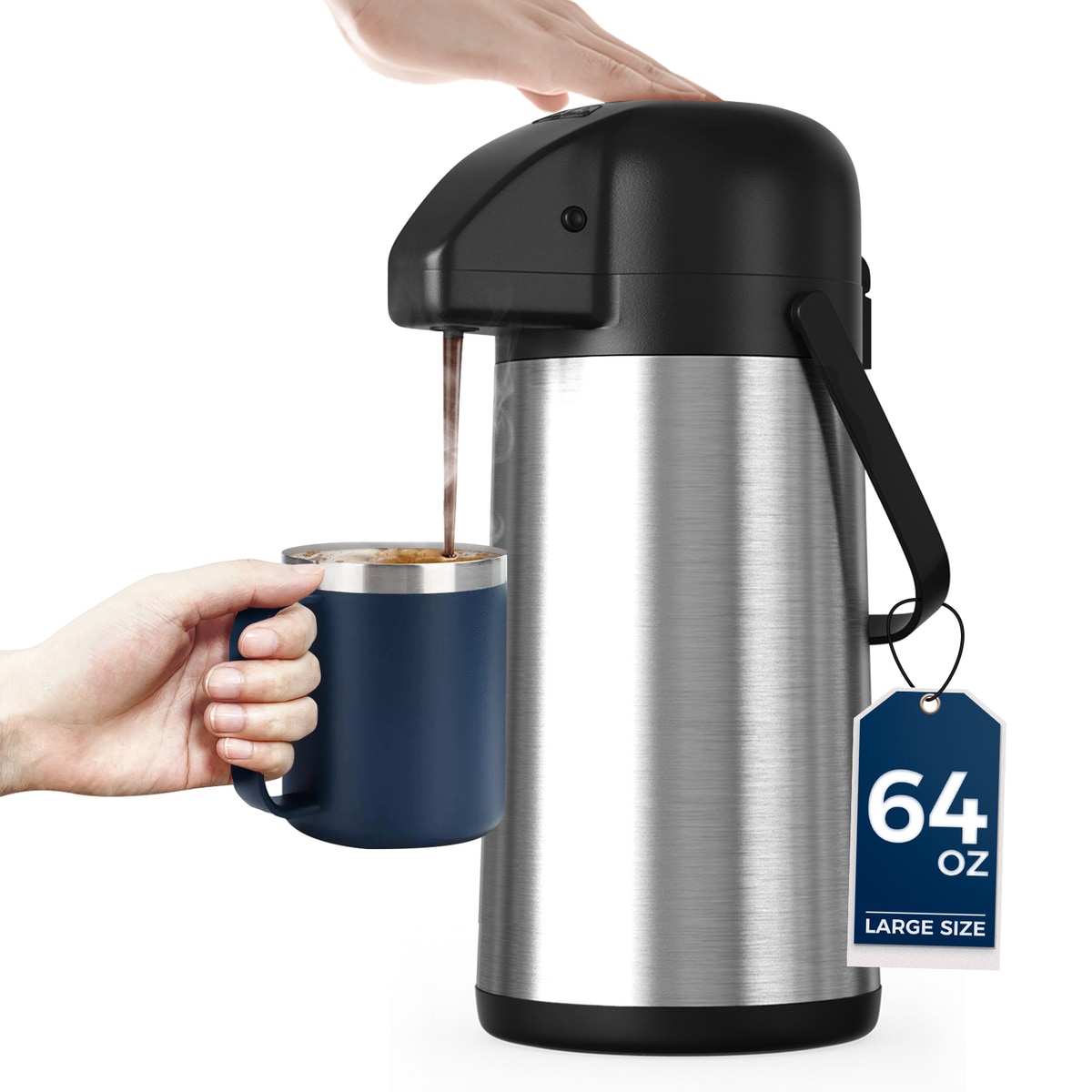 Gezoss 64 oz Stainless Steel Airpot pouring coffee into a mug on a white background