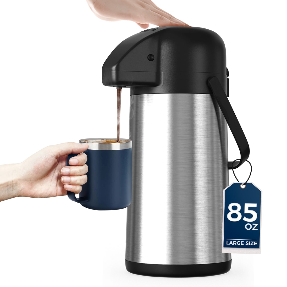 Gezoss 85 oz Stainless Steel Airpot pouring coffee into a mug on a white background